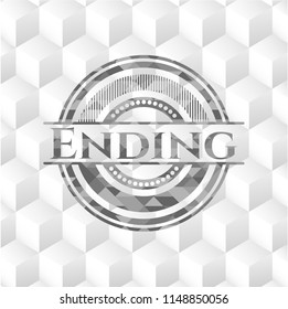 Ending grey emblem with geometric cube white background
