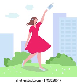 Ending of quarantine and coronavirus pandemic. Happy girl takes off a medical mask and walking outside. World returns to normal life. Vector illustration.