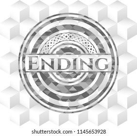 Ending realistic grey emblem with geometric cube white background
