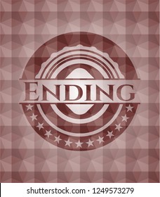 Ending red emblem or badge with abstract geometric pattern background. Seamless.