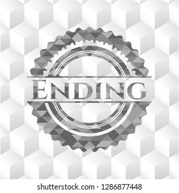 Ending retro style grey emblem with geometric cube white background