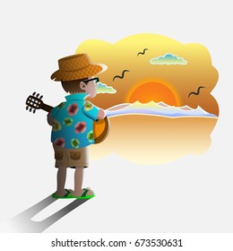 Ending Of Summer, Man playing guitar facing the sunset cartoons vector