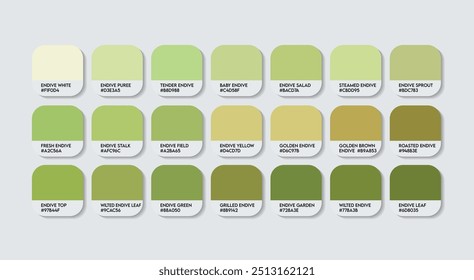 Endive Colors Palette, Endive Green Color Guide Palette with Color Names. Catalog Samples of Green with RGB HEX codes. plastic, paint, natural Green, Fashion Trend Endive colored shades tones