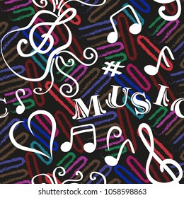 Endless abstract pattern. Background texture, note, treble clef, music, sound.  Vector illustration.