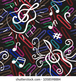 Endless abstract pattern. Background texture, note, treble clef, music, sound.  Vector illustration.