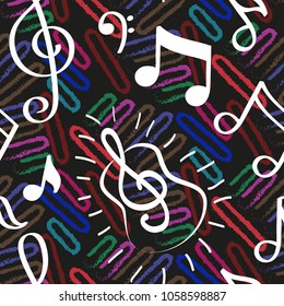 Endless abstract pattern. Background texture, note, treble clef, music, sound.  Vector illustration.