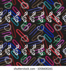 Endless abstract pattern. Background texture, note, treble clef, music, sound.  Vector illustration.