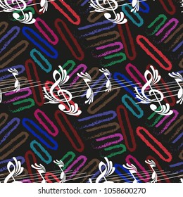 Endless abstract pattern. Background texture, note, treble clef, music, sound.  Vector illustration.