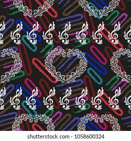 Endless abstract pattern. Background texture, note, treble clef, music, sound.  Vector illustration.