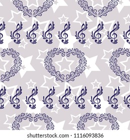 Endless abstract pattern. Background texture, note, treble clef, music, sound.  Vector illustration.