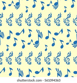 Endless abstract pattern. Background texture, note, treble clef, music, sound.  Vector illustration.