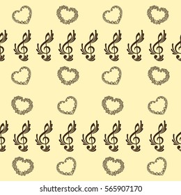 Endless abstract pattern. Background texture, note, treble clef, music, sound.  Vector illustration.