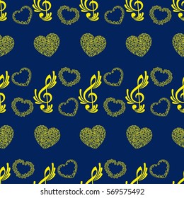 Endless abstract pattern. Background texture, note, treble clef, music, sound.  Vector illustration.