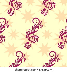 Endless abstract pattern. Background texture, note, treble clef, music, sound.  Vector illustration.