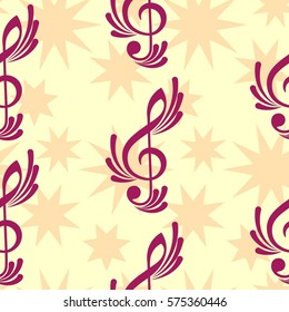 Endless abstract pattern. Background texture, note, treble clef, music, sound.  Vector illustration.