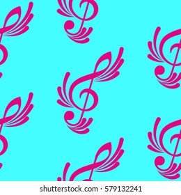 Endless abstract pattern. Background texture, note, treble clef, music, sound.  Vector illustration.