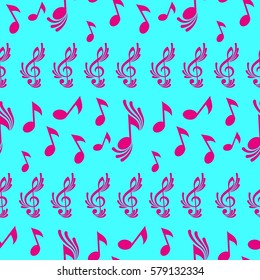 Endless abstract pattern. Background texture, note, treble clef, music, sound.  Vector illustration.