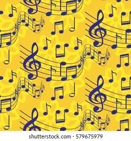 Endless abstract pattern. Background texture, note, treble clef, music, sound.  Vector illustration.