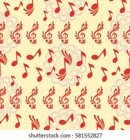 Endless abstract pattern. Background texture, note, treble clef, music, sound.  Vector illustration.
