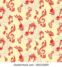Endless abstract pattern. Background texture, note, treble clef, music, sound.  Vector illustration.