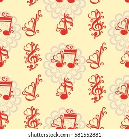 Endless abstract pattern. Background texture, note, treble clef, music, sound.  Vector illustration.