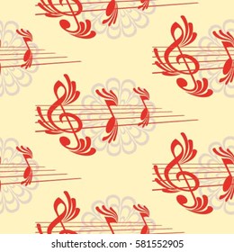 Endless abstract pattern. Background texture, note, treble clef, music, sound.  Vector illustration.