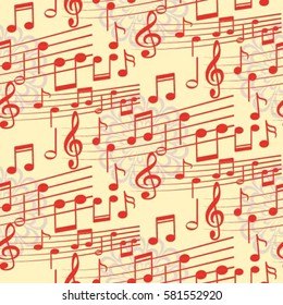 Endless abstract pattern. Background texture, note, treble clef, music, sound.  Vector illustration.