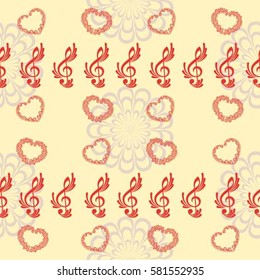 Endless abstract pattern. Background texture, note, treble clef, music, sound.  Vector illustration.