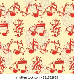 Endless abstract pattern. Background texture, note, treble clef, music, sound.  Vector illustration.