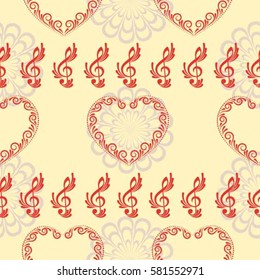 Endless abstract pattern. Background texture, note, treble clef, music, sound.  Vector illustration.