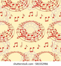 Endless abstract pattern. Background texture, note, treble clef, music, sound.  Vector illustration.