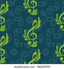 Endless abstract pattern. Background texture, note, treble clef, music, sound.  Vector illustration.