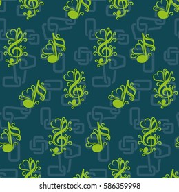 Endless abstract pattern. Background texture, note, treble clef, music, sound.  Vector illustration.