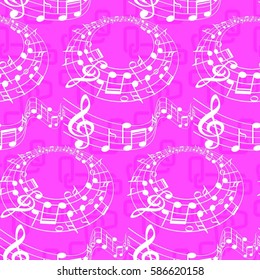 Endless abstract pattern. Background texture, note, treble clef, music, sound.  Vector illustration.