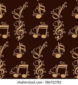 Endless abstract pattern. Background texture, note, treble clef, music, sound.  Vector illustration.