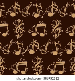 Endless abstract pattern. Background texture, note, treble clef, music, sound.  Vector illustration.