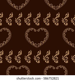 Endless abstract pattern. Background texture, note, treble clef, music, sound.  Vector illustration.