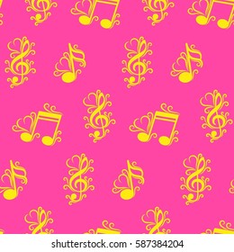 Endless abstract pattern. Background texture, note, treble clef, music, sound.  Vector illustration.