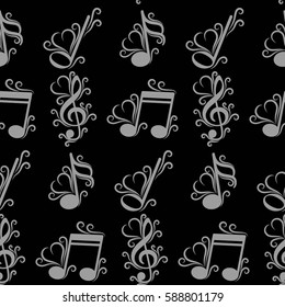 Endless abstract pattern. Background texture, note, treble clef, music, sound.  Vector illustration.