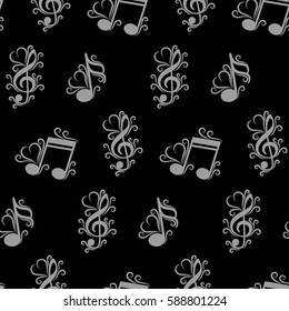 Endless abstract pattern. Background texture, note, treble clef, music, sound.  Vector illustration.