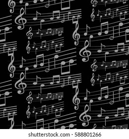 Endless abstract pattern. Background texture, note, treble clef, music, sound.  Vector illustration.