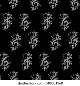 Endless abstract pattern. Background texture, note, treble clef, music, sound.  Vector illustration.