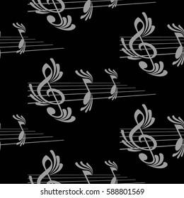 Endless abstract pattern. Background texture, note, treble clef, music, sound.  Vector illustration.