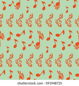 Endless abstract pattern. Background texture, note, treble clef, music, sound.  Vector illustration.