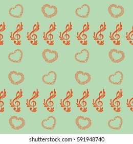 Endless abstract pattern. Background texture, note, treble clef, music, sound.  Vector illustration.