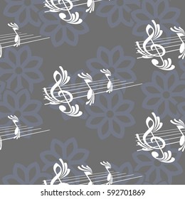 Endless abstract pattern. Background texture, note, treble clef, music, sound.  Vector illustration.