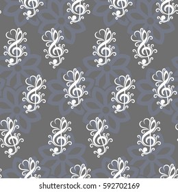 Endless abstract pattern. Background texture, note, treble clef, music, sound.  Vector illustration.