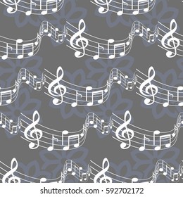 Endless abstract pattern. Background texture, note, treble clef, music, sound.  Vector illustration.