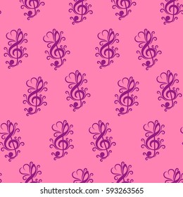 Endless abstract pattern. Background texture, note, treble clef, music, sound.  Vector illustration.