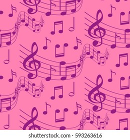 Endless abstract pattern. Background texture, note, treble clef, music, sound.  Vector illustration.
